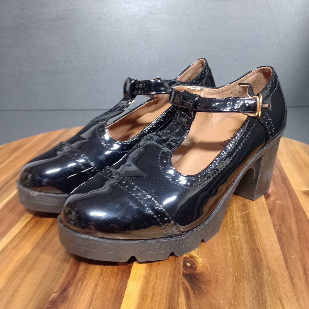 DADAWEN Womens Leather Classic T-Strap Platform Chunky Mary Jane Sz‎ 9.5 Goth - Picture 2 of 16